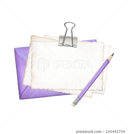 Purple envelope with deckle-edge paper, binder clip and pencil. Hand-painted watercolor illustration for stationery, scrapbooking, journaling, invitations, cards and creative projects 143442734