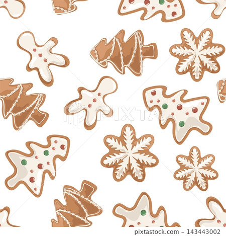 Cozy Christmas gingerbread cookies seamless pattern on white background. Minimalist fir tree and snowflake biscuit vector texture for packaging Cozy Christmas gingerbread cookies seamless pattern on white background. Minimalist fir tree and snowflake biscuit vector texture for packaging 143443002