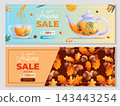 Set of autumn sale banners with tea, teapot, orange and oak leaves. Cartoon horizontal vector illustration, warm orange and blue palette. Perfect for social media, web, promo, poster 143443254