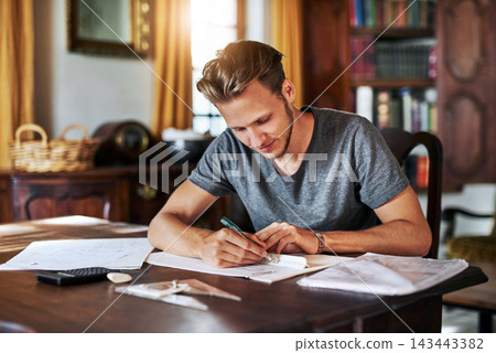 Architect, planning and man in home office with project, blueprint and creative remote work. Architecture, document and writing notes for floor plan in paperwork, report or review ideas in sketch 143443382