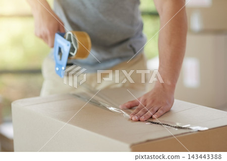 Hands, tape and packing box for moving, mortgage and property investment in new home. Real estate, cardboard and person seal with tools for cargo storage, packaging or relocation to apartment house Hands, tape and packing box for moving, mortgage and property investment in new home. Real estate, cardboard and person seal with tools for cargo storage, packaging or relocation to apartment house 143443388
