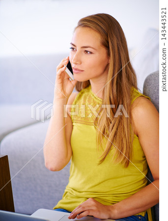 Woman, phonecall and smartphone for remote work, laptop or communication for negotiation. Mobile app, female entrepreneur and networking on computer for conversation or freelance startup at home Woman, phonecall and smartphone for remote work, laptop or communication for negotiation. Mobile app, female entrepreneur and networking on computer for conversation or freelance startup at home 143443521