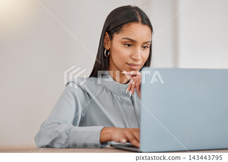 Business, thinking and woman with laptop in office for planning, research and information with ideas for project solution. Contemplating, female person and brainstorming update of finance report Business, thinking and woman with laptop in office for planning, research and information with ideas for project solution. Contemplating, female person and brainstorming update of finance report 143443795