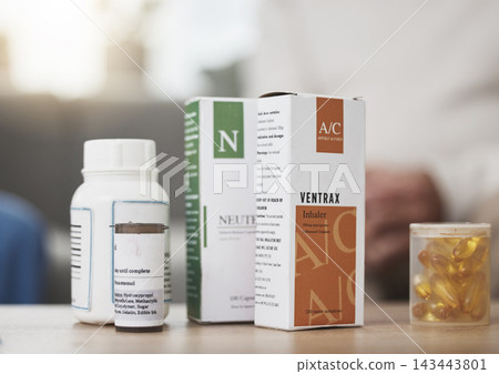 Medication, table and tablets or pills in package for seniors with inhaler for asthma with painkillers. Chronic, arthritis and consult with nurse in home with people, health and help with care. Medication, table and tablets or pills in package for seniors with inhaler for asthma with painkillers. Chronic, arthritis and consult with nurse in home with people, health and help with care. 143443801