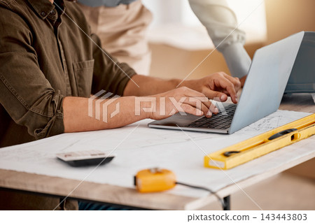 Business people, hands and laptop for architecture, teamwork and connection with planning. Closeup, employees and coworkers with pc, blueprint or cooperation for engineering, project or brainstorming Business people, hands and laptop for architecture, teamwork and connection with planning. Closeup, employees and coworkers with pc, blueprint or cooperation for engineering, project or brainstorming 143443803