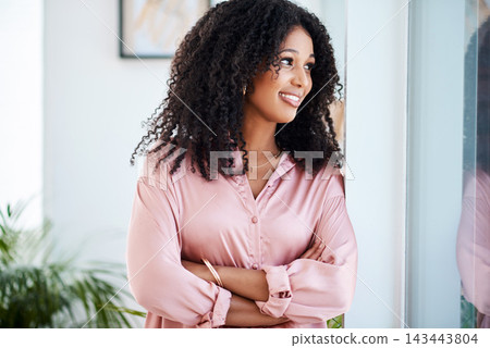 Thinking, business woman or arms crossed in office with confidence of ideas, growth or career goals. Creative writer, smile or african employee at window in publishing, content creation or journalist Thinking, business woman or arms crossed in office with confidence of ideas, growth or career goals. Creative writer, smile or african employee at window in publishing, content creation or journalist 143443804