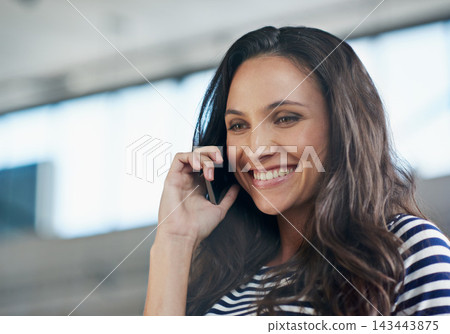 Phone call, startup or happy woman in office talking for ideas, conversation or deal communication. Solution, listening and casual female entrepreneur thinking of discussion, negotiation and news Phone call, startup or happy woman in office talking for ideas, conversation or deal communication. Solution, listening and casual female entrepreneur thinking of discussion, negotiation and news 143443875