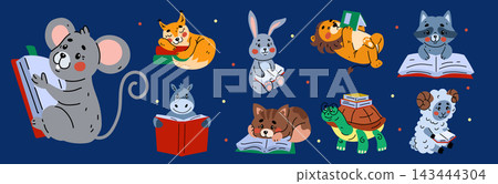 Animal reads books. Character children. Education with curiosity, study. Funny kid learning literature. Creative school knowledge, childhood imagination. Vector tidy cartoon flat style isolated set Animal reads books. Character children. Education with curiosity, study. Funny kid learning literature. Creative school knowledge, childhood imagination. Vector tidy cartoon flat style isolated set 143444304
