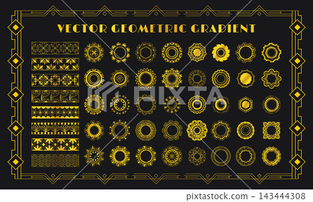 Art deco ornaments. Gold geometric borders, circular floral frames and vintage dividers with filigree flourishes, antique decorative elements for luxury invitations. Vector ornamental isolated set 143444308