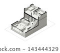 一棟狹長兩層房屋的等距橫斷面圖，有樓梯間。 143444329
