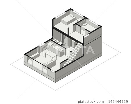 Isometric cross-section of a long, narrow two-story house with a stairwell. Isometric cross-section of a long, narrow two-story house with a stairwell. 143444329