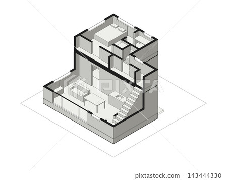 L 型兩層住宅的等距橫斷面圖，包括客廳、樓梯和書房。 143444330