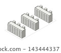 三棟平行的五層公寓大樓的等距視圖。 143444337