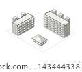 呈 L 形排列的四層和五層公寓大樓以及社區中心的等距視圖。 143444338