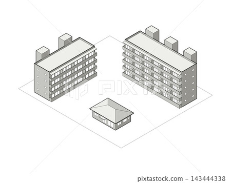 Isometric view of an L-shaped arrangement of four- and five-story apartment buildings and a community center. Isometric view of an L-shaped arrangement of four- and five-story apartment buildings and a community center. 143444338
