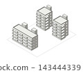 住宅綜合體的等距視圖，該住宅綜合體由兩棟五層樓高的點狀建築和一棟四層樓高的板狀建築組成。 143444339