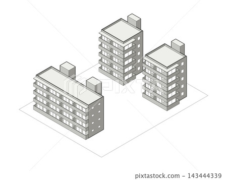Isometric view of a housing complex consisting of two five-story point-shaped buildings and a four-story slab-shaped building. Isometric view of a housing complex consisting of two five-story point-shaped buildings and a four-story slab-shaped building. 143444339