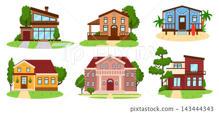 Suburban houses. Architecture with villas, cottages. Modern family homes, beach bungalow and mansion, real estate collection. Mortgage or relocation concept. Vector cartoon flat isolated illustration 143444343