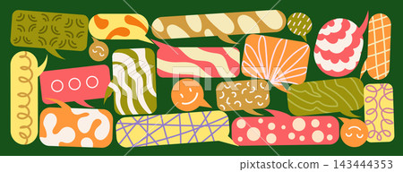 Speech bubbles. Abstract playful dialogue, colourful textures, doodle ideas and cloud questions, social voices, patterned balloons, communication social media. Vector cartoon isolated illustration 143444353