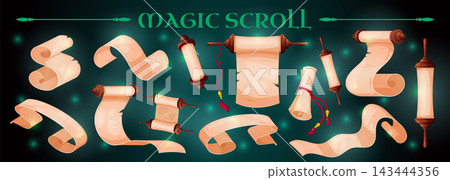 Magic map scroll. Game icons with parchment paper frame, papyrus book, ancient letters and ribbon manuscript, historical adventure borders, blank curled rolls. Vector cartoon isolated illustration Magic map scroll. Game icons with parchment paper frame, papyrus book, ancient letters and ribbon manuscript, historical adventure borders, blank curled rolls. Vector cartoon isolated illustration 143444356