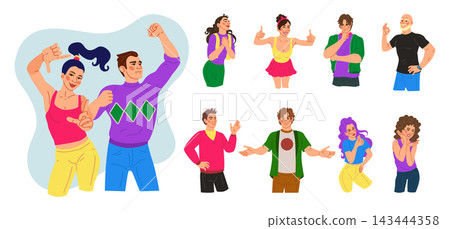 Photo posing people. Happy portrait, positive emotion, smiling person, hand gesture, character face expression, friends, tidy poses communicating approval and confidence. Vector cartoon illustration Photo posing people. Happy portrait, positive emotion, smiling person, hand gesture, character face expression, friends, tidy poses communicating approval and confidence. Vector cartoon illustration 143444358