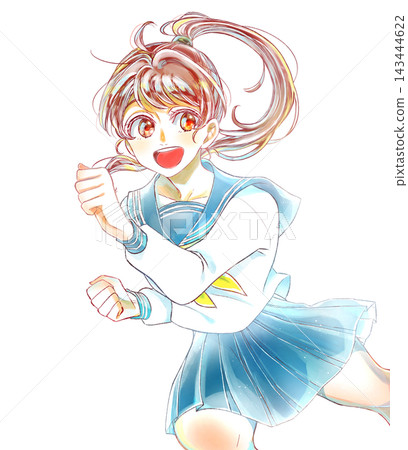A smiling female student running in a sailor uniform, no sweat. A smiling female student running in a sailor uniform, no sweat. 143444622