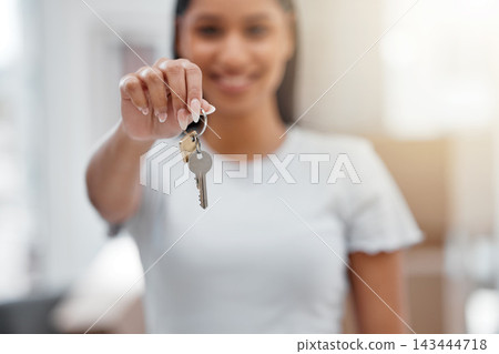 Keys, hand and new home or woman moving in for real estate investment. Rent, mortgage and loan as homeowner celebrate at apartment, property or house with boxes for financial growth or relocation Keys, hand and new home or woman moving in for real estate investment. Rent, mortgage and loan as homeowner celebrate at apartment, property or house with boxes for financial growth or relocation 143444718