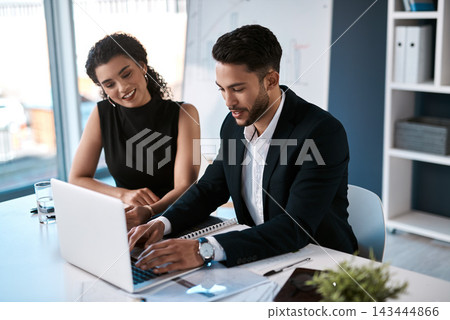 Business meeting, woman and man with laptop for planning strategy, discussion together and teamwork by desk. Office, computer and corporate staff with collaboration for writing report and research Business meeting, woman and man with laptop for planning strategy, discussion together and teamwork by desk. Office, computer and corporate staff with collaboration for writing report and research 143444866