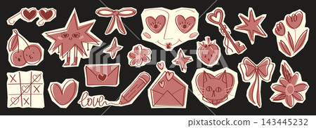 Hand-drawn heart doodles with coquette bows 143445232
