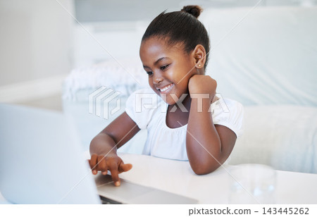 Laptop, online class and child by desk in home for development, homework and knowledge. Technology, elearning and girl student in virtual lesson with computer for online distance education at house. Laptop, online class and child by desk in home for development, homework and knowledge. Technology, elearning and girl student in virtual lesson with computer for online distance education at house. 143445262