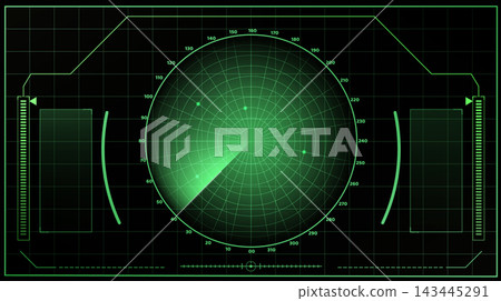 Military radar screen with green HUD interface Military radar screen with green HUD interface 143445291