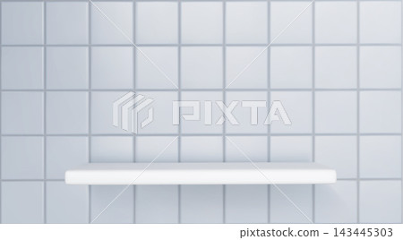 White bathroom shelf on light tile background White bathroom shelf on light tile background 143445303