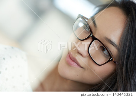 Business, woman and thinking or smile in office with glasses for creative ideas, startup confidence and mockup. Professional, employee and thoughtful at workplace with wondering, inspiration or happy Business, woman and thinking or smile in office with glasses for creative ideas, startup confidence and mockup. Professional, employee and thoughtful at workplace with wondering, inspiration or happy 143445321
