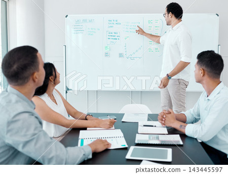 Businessman, presentation and meeting in conference room for strategy, brainstorming and planning. Collaboration, workshop and mentor in workplace for training, idea and development for company 143445597
