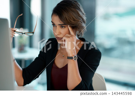 Business, woman and thinking in office with computer for problem solving, corporate project and client presentation for sales. Girl, glasses and thoughts or ideas with internet for forecast overview. Business, woman and thinking in office with computer for problem solving, corporate project and client presentation for sales. Girl, glasses and thoughts or ideas with internet for forecast overview. 143445598