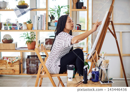 Painting, student and girl in class at college thinking with inspiration for project on canvas. Creative, woman and painter learning with talent for art, color and skill for watercolor in school 143446436