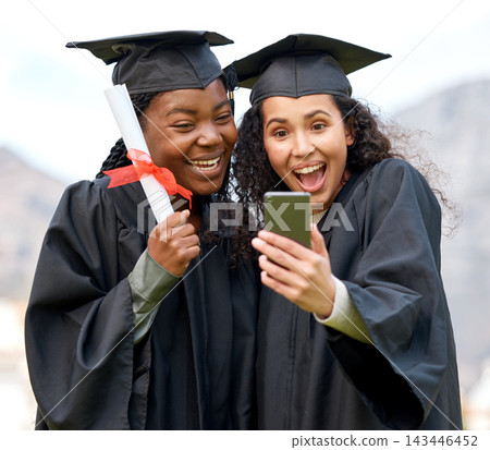 Woman, friends and smile with selfie for graduation on campus on celebration, success and completion for qualification. Memories, university and happy classmate with excitement or joy for certificate 143446452