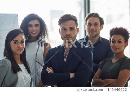 Business, portrait and people as together in confidence, community or collaboration in office. Group, diversity and leader or project management in team for company, corporate or cooperation at work 143446622