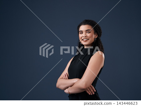 Studio background, business woman and portrait with pride, creative and employee with ideas for journalism. Professional, career and female journalist with arms crossed, article goals or mockup 143446623