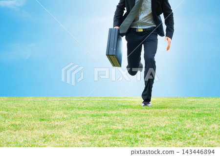 Corporate man, running and briefcase in field for mockup space, time management and travel to work. Professional, male person and late for business meeting, company and rushing in nature for job Corporate man, running and briefcase in field for mockup space, time management and travel to work. Professional, male person and late for business meeting, company and rushing in nature for job 143446894