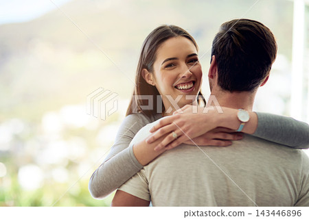 Portrait, woman and hug in home for marriage, date and together for relationship in apartment. Romance, support and partnership with happiness for love, peace and connection with man for commitment Portrait, woman and hug in home for marriage, date and together for relationship in apartment. Romance, support and partnership with happiness for love, peace and connection with man for commitment 143446896