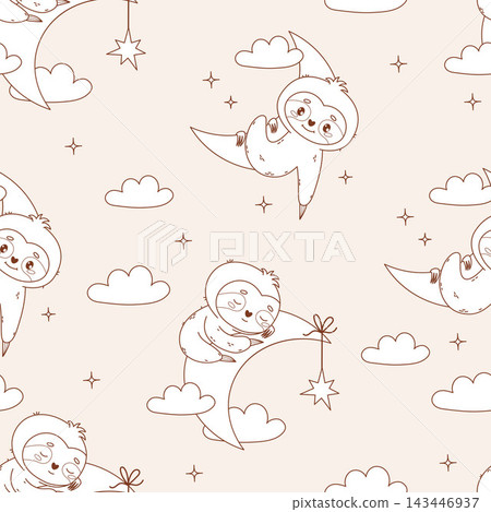Outline Seamless Pattern Cute Sleeping Sloth on Moon with Stars and Clouds. Playful Little Baby Kawaii Animal Character on Light Background. Line drawing, coloring. Vector Illustration Kids collection 143446937