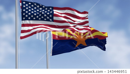 Flags of Arizona and United States waving in the wind on a clear day 143446951