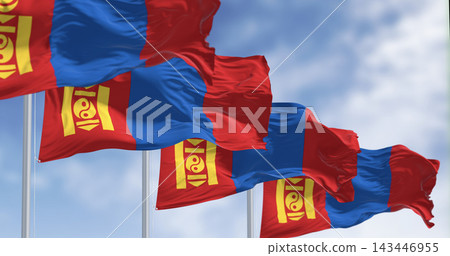 Close-up of Mongolia national flags waving in the wind Close-up of Mongolia national flags waving in the wind 143446955