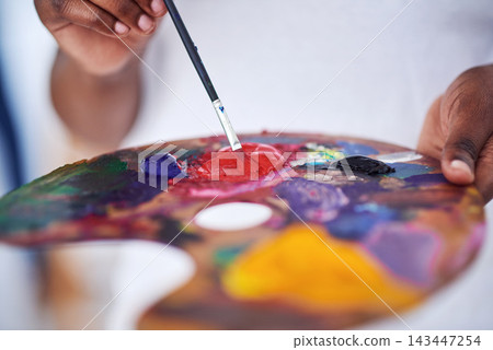 Creative, brush and palette for art, painting and artist with color, house and mixing with tools. Home, talent and person with watercolor, inspiration and painter in apartment, hobby and hands Creative, brush and palette for art, painting and artist with color, house and mixing with tools. Home, talent and person with watercolor, inspiration and painter in apartment, hobby and hands 143447254