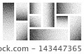 Grain rectangle with dot gradient transitions. Black and white noise patterns create geometric stipple effects with halftone texture and vintage grunge elements. 143447365