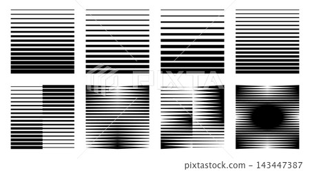 Gradient pattern with straight parallel stripes creating halftone texture. Black and white horizontal lines form abstract geometric background with smooth fade transition. Gradient pattern with straight parallel stripes creating halftone texture. Black and white horizontal lines form abstract geometric background with smooth fade transition. 143447387