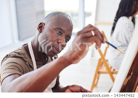 Artist, mature or black man in class painting on canvas or easel for therapy, drawing or studio project. Creative, painter or African person with brush and talent for design or watercolor in workshop Artist, mature or black man in class painting on canvas or easel for therapy, drawing or studio project. Creative, painter or African person with brush and talent for design or watercolor in workshop 143447482