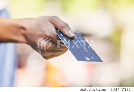 Credit card, hand and woman for payment, ecommerce and financial transaction with banking account. Debit, zoom and customer at pos in store with fintech for shopping, sale and bills as exchange 143447522