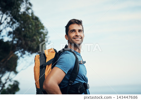 Man, backpack and thinking in outdoor nature for wilderness experience, exploration and solitude for stress relief or mental health. Guy, forest and hiking in woods for adventure or physical exercise Man, backpack and thinking in outdoor nature for wilderness experience, exploration and solitude for stress relief or mental health. Guy, forest and hiking in woods for adventure or physical exercise 143447686